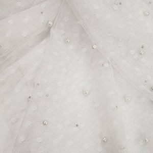 Light Ivory Scattered Pearls Studded Mesh 2-Way Stretch Sheer Dotted Soft Netting tulle fabric with Small Polka Dots By The Yard, STYLE 256