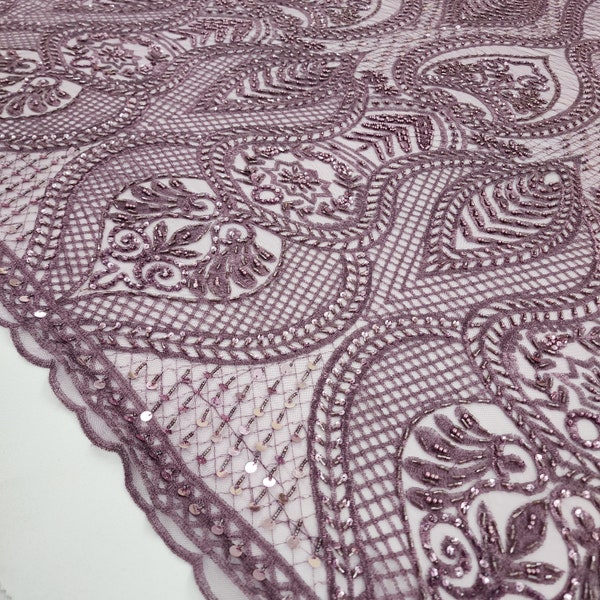 PLUM Damask Fashion Beaded and Sequins Design on Mesh Lace Fabric by the Yard for Gowns Prom Couture Event Decor Bridal Appliqué - STYLE 104