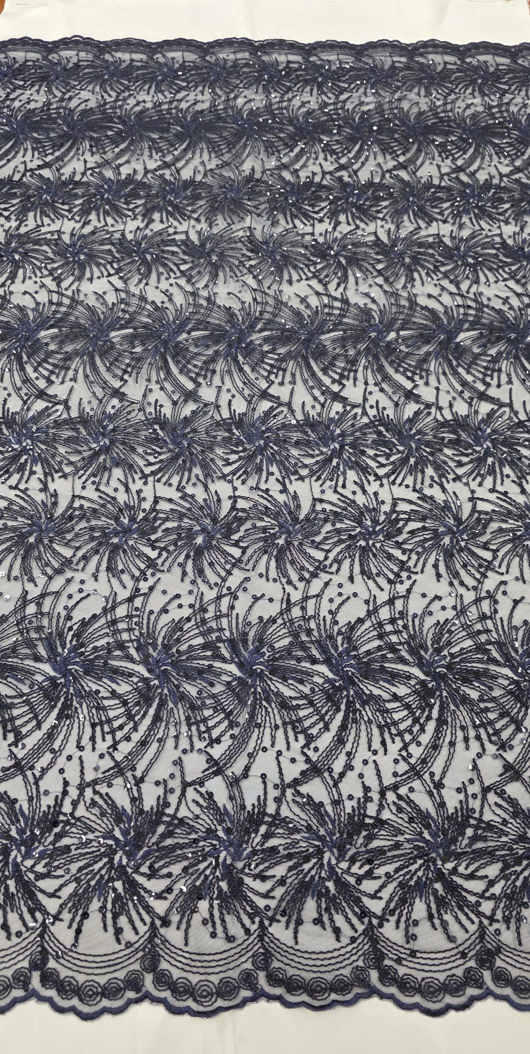 Navy Blue Embroidery Floral With Sequins on Mesh Lace Fabric by the ...