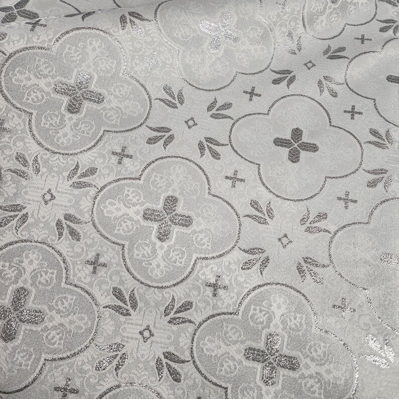 White Silver Religious Brocade Fabric Liturgical Jacquard ...