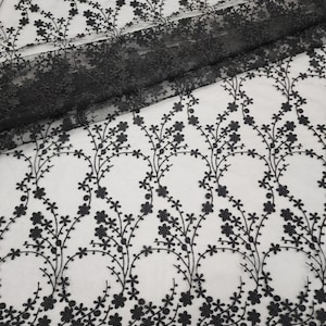 BLACK Floral Embroidery on Mesh Lace Fabric by the Yard for Gowns - Evening Dress - Veils - Scalloped - Couture - Capes - Arts - STYLE 311