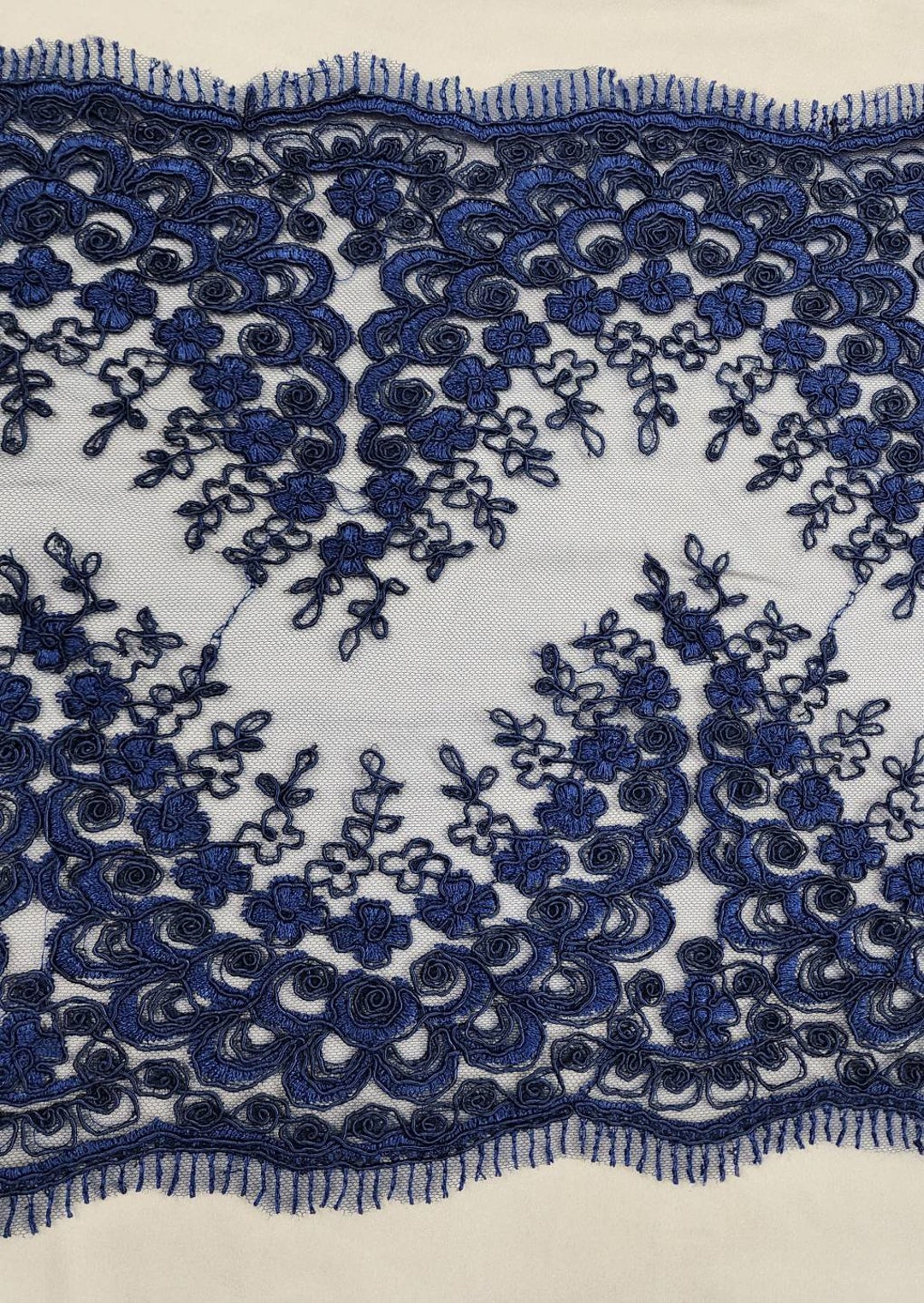 Navy Blue Polyester Floral Embroidery Trim on Mesh Lace Fabric by the ...