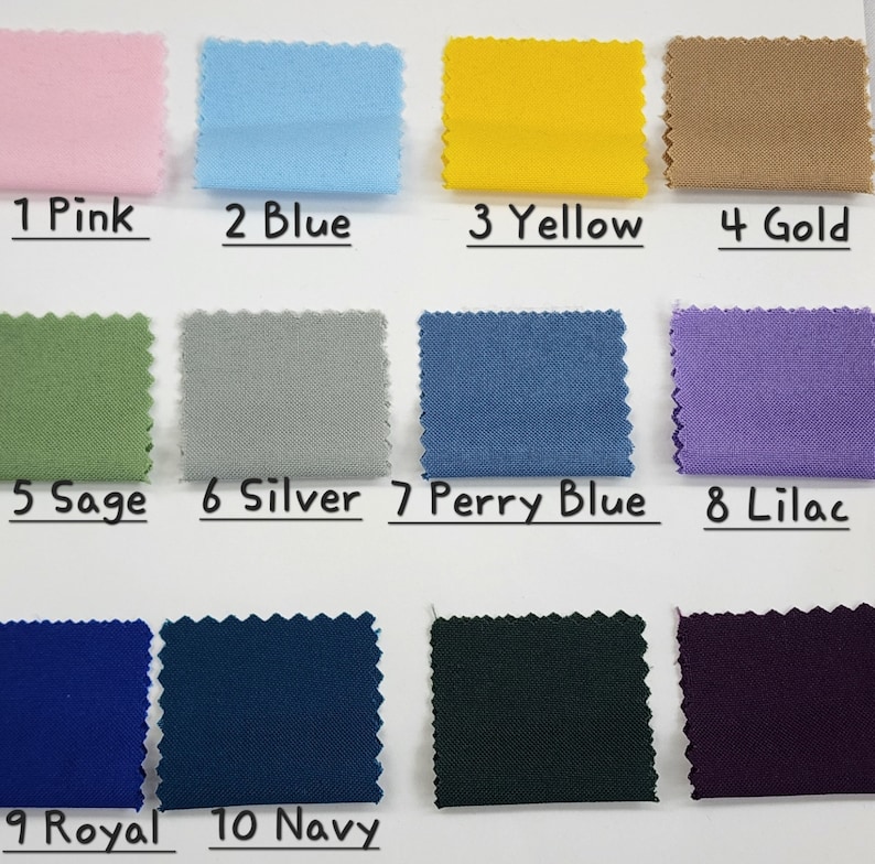 May include: Swatch card with ten fabric samples in different colors. The colors are pink, blue, yellow, gold, sage, silver, perry blue, lilac, royal blue, and navy blue. The colors are labeled with numbers 1 through 10.