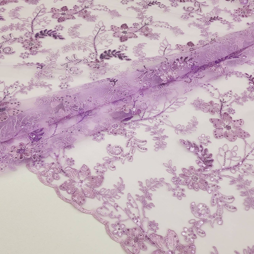 Silver & Lilac Gray Swirl Floral Vine Sequined Sheer Mesh Lace Embroidery Print Fabric main image 1