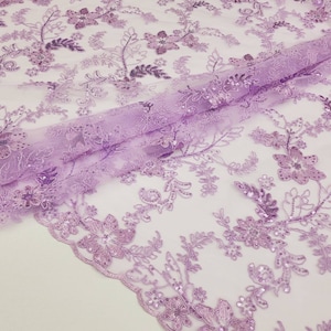 Light Lilac Polyester Floral Embroidery with Sequins on Mesh Lace Fabric by the Yard for Gown- Wedding- Bridesmaid- Prom- Dress - STYLE 150