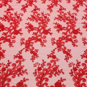 Ricamo floreale in poliestere ROSSO con paillettes su tessuto di pizzo a rete tagliato su misura per abito - matrimonio - damigella d&#39;onore - ballo di fine anno - Couture - STILE 203