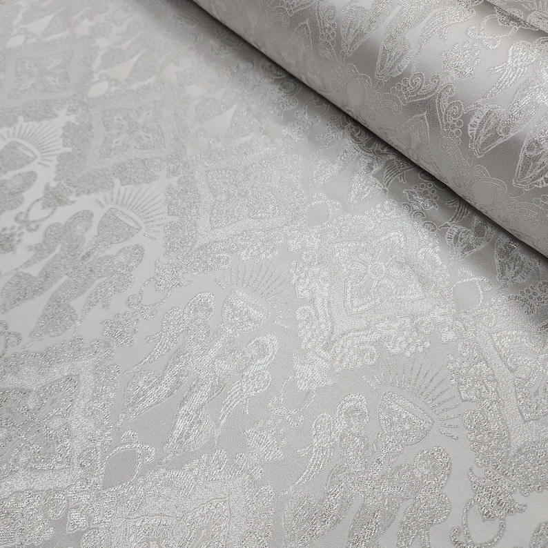 White Silver Liturgical Brocade Jacquard Fabric by the Yard for Church ...