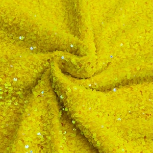 Luxury Yellow Overlap Sequins on Yellow Stretch Velvet Fabric by the Yard Full All Over Yellow Sequins (5mm) Velvet Fabric - STYLE 321