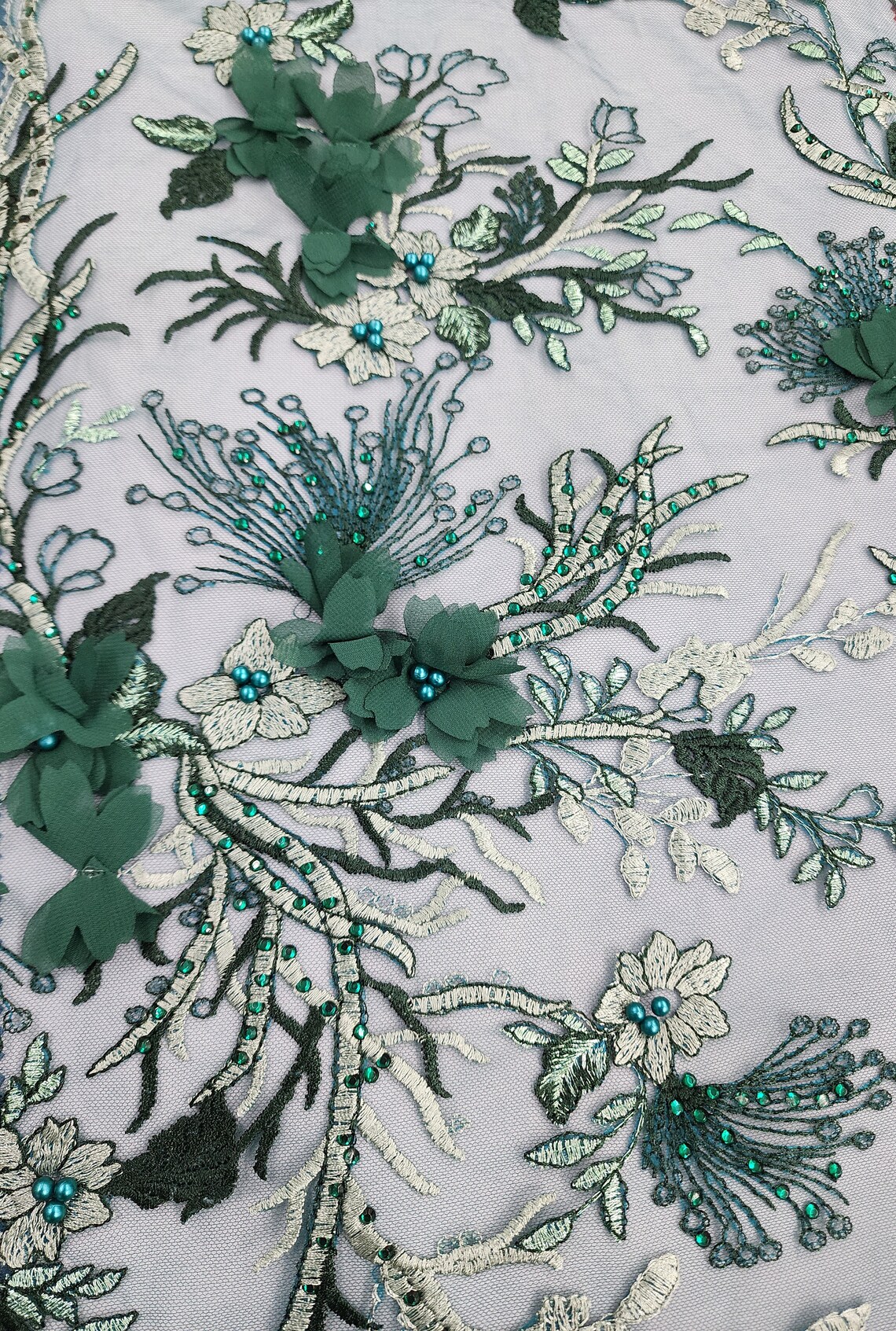 Teal Hunter Green 3D Floral Embroidery on Mesh Lace Fabric by the Yard ...