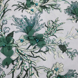 Teal Hunter Green 3D Floral Embroidery on Mesh Lace Fabric by the Yard ...