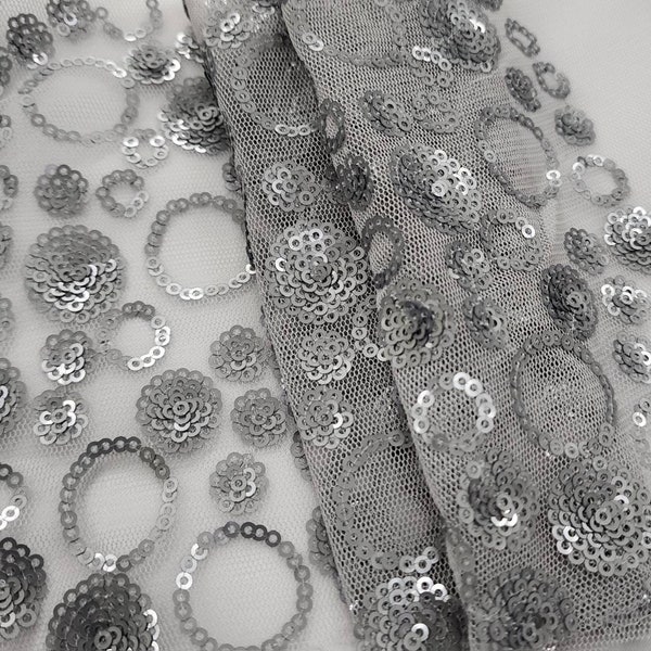 Luxury Shimmering Sequins Lace Fabric, Silver Matte Circle Patterned Sequins on Mesh Lace, Round Shiny Pattern Design By The Yard, STYLE 238