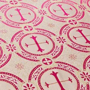 Ivory Pink Liturgical Brocade Fabric Ecclesiastical Cross Church Vestment Decor Runners Clergy Religious Jacquard by the yard - STYLE 12