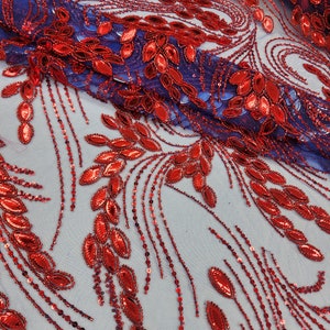 Königsblau-rote Blumenstickerei mit Perlen und Pailletten auf Mesh-Spitzenstoff, Meterware für Couture, Kleider, Applikationen, Kostüme, STIL 247