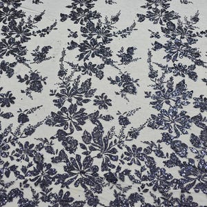 Navy Blue Floral Glitter Sparkle Design on Mesh Lace Fabric by the Yard ...
