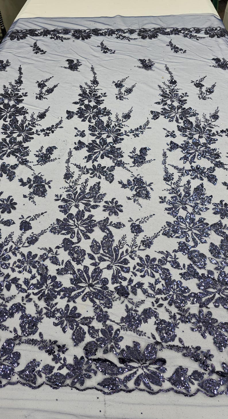 Navy Blue Floral Glitter Sparkle Design on Mesh Lace Fabric by the Yard ...