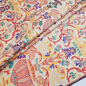 Luxury Venetian Jacquard Brocade Fabric - Coronation Design - Multicolored Floral & Crowns on Light Beige 55&quot; wide by the Yard - Style 293