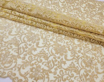 Light Yellow Champagne Two Tone Multicolored Embroidery Floral with Clear Sequins on Mesh Lace Fabric by the Yard for Gowns - STYLE 326