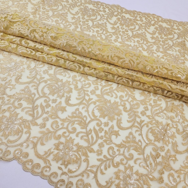 Light Yellow Champagne Two Tone Multicolored Embroidery Floral with Clear Sequins on Mesh Lace Fabric by the Yard for Gowns - STYLE 326