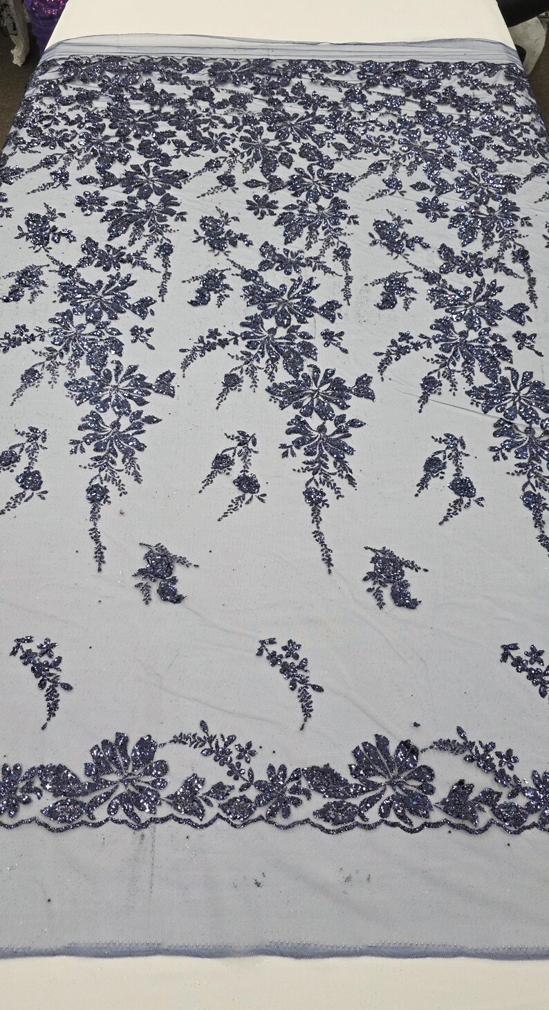 Navy Blue Floral Glitter Sparkle Design on Mesh Lace Fabric by the Yard ...
