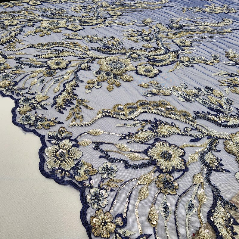 Navy Blue Floral Embroidery With Beads and Sequins on Mesh Lace Fabric ...