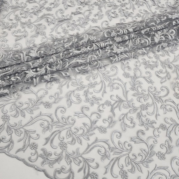 SILVER Floral Swirl Embroidery on Mesh Royalty Lace Fabric by the Yard For Gowns, Weddings, Bridal, Dress, Skirts, Cosplay - STYLE 177