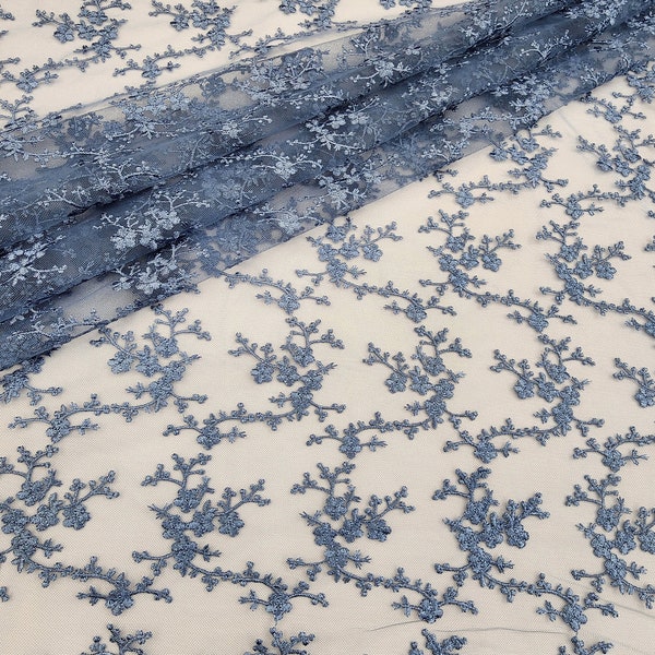 Perry Blue Polyester Floral on Mesh Lace Fabric by the yard for Gown - Bridal - Party Dress - Wedding - Garments - Bridesmaid - STYLE 263