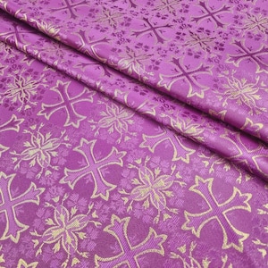 Purple Gold Religious Jacquard Brocade - Liturgical Fabric - Ecclesiastical Brocade - Church Brocade - Cross Brocade by the yard - STYLE 140