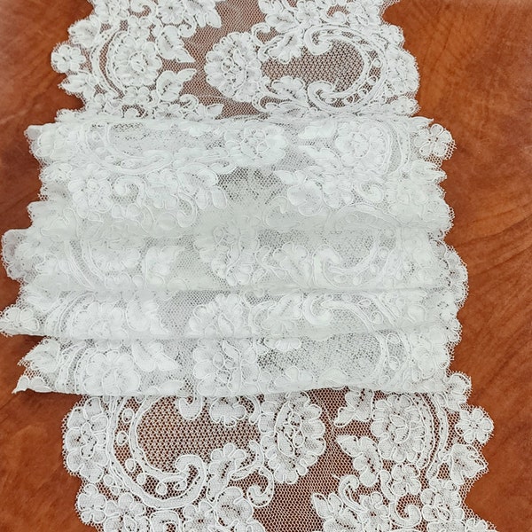 WHITE Alencon Lace Trim - Corded - Floral Scalloped Lace - Bridal - Wedding Veils & Trimming - Appliqué - 9" Wide Trim Fabric - Style 163