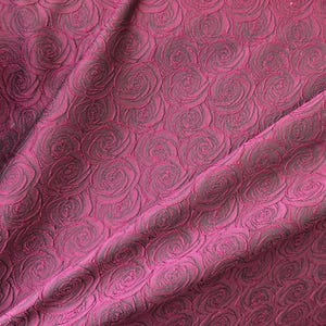 Black Magenta Embossed Rosebud Blossom Rosette Floral Design Brocade Jacquard Fabric Sold by the Yard For Gowns Decor Costume - STYLE 068