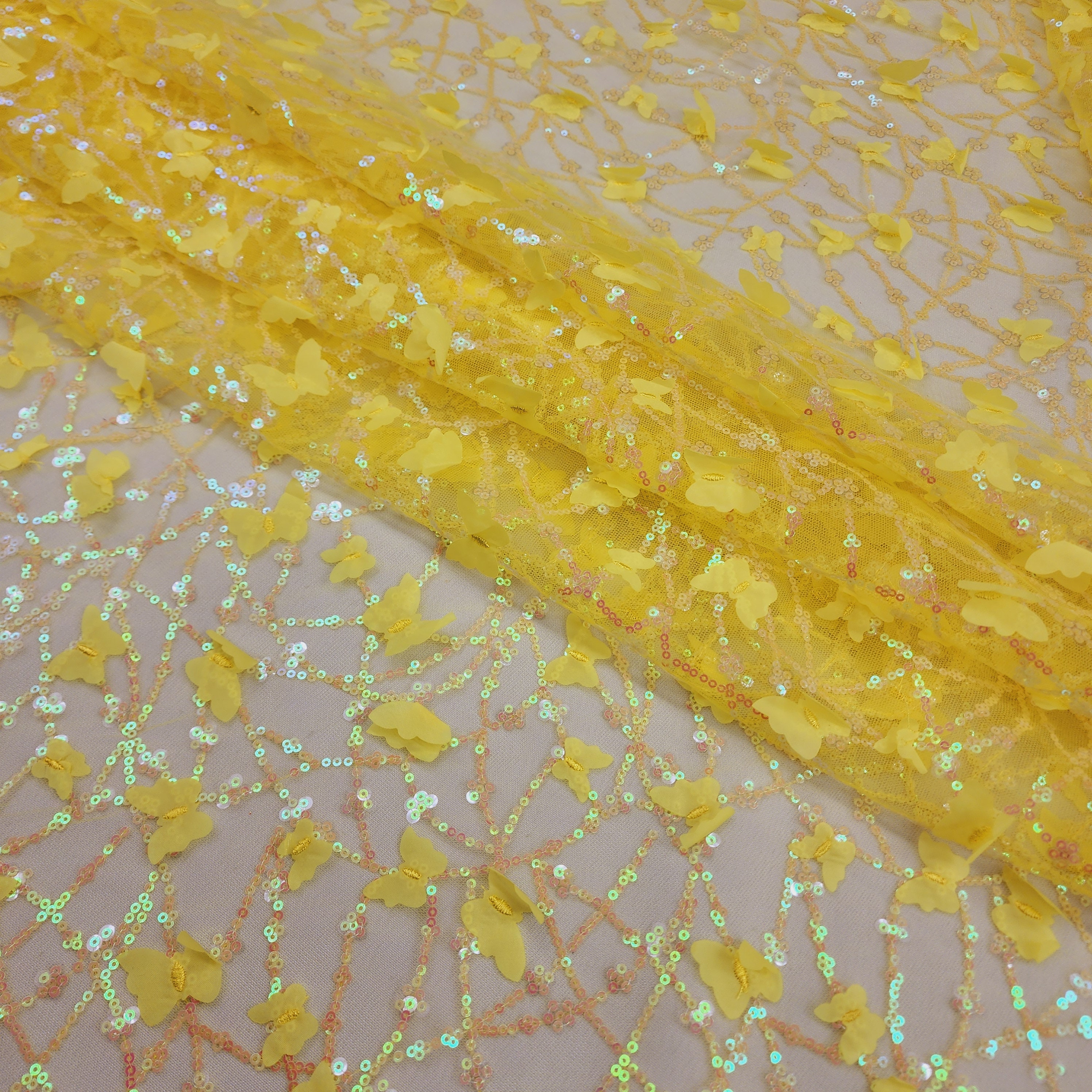 Bright Yellow 3D Butterfly with Iridescent Sequins on Mesh fabric by the yard for Gowns, Decor, Costume, Skirts, Birthday Party - STYLE 229