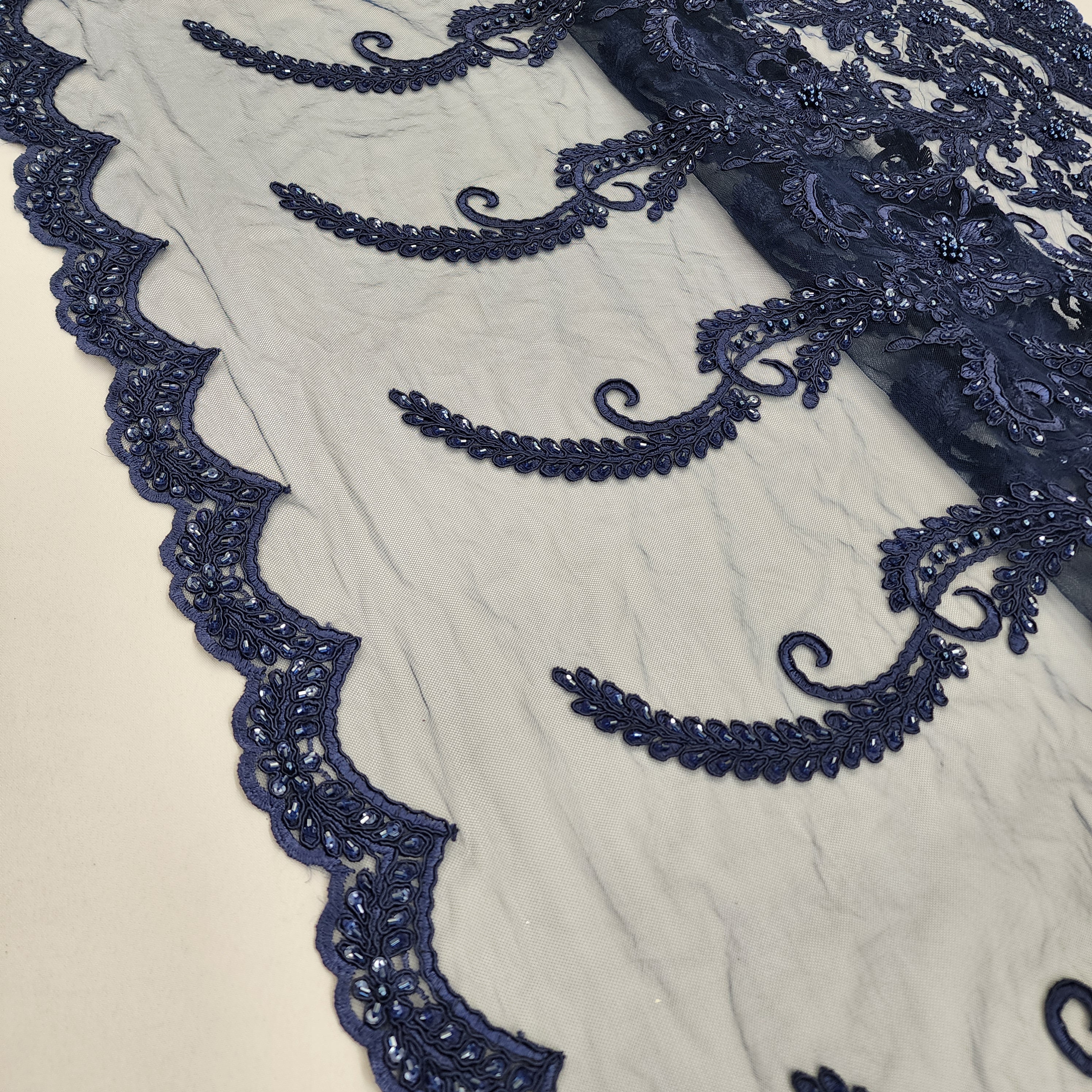 Navy Blue Floral Embroidery With Beads and Sequins on Mesh Lace Fabric ...