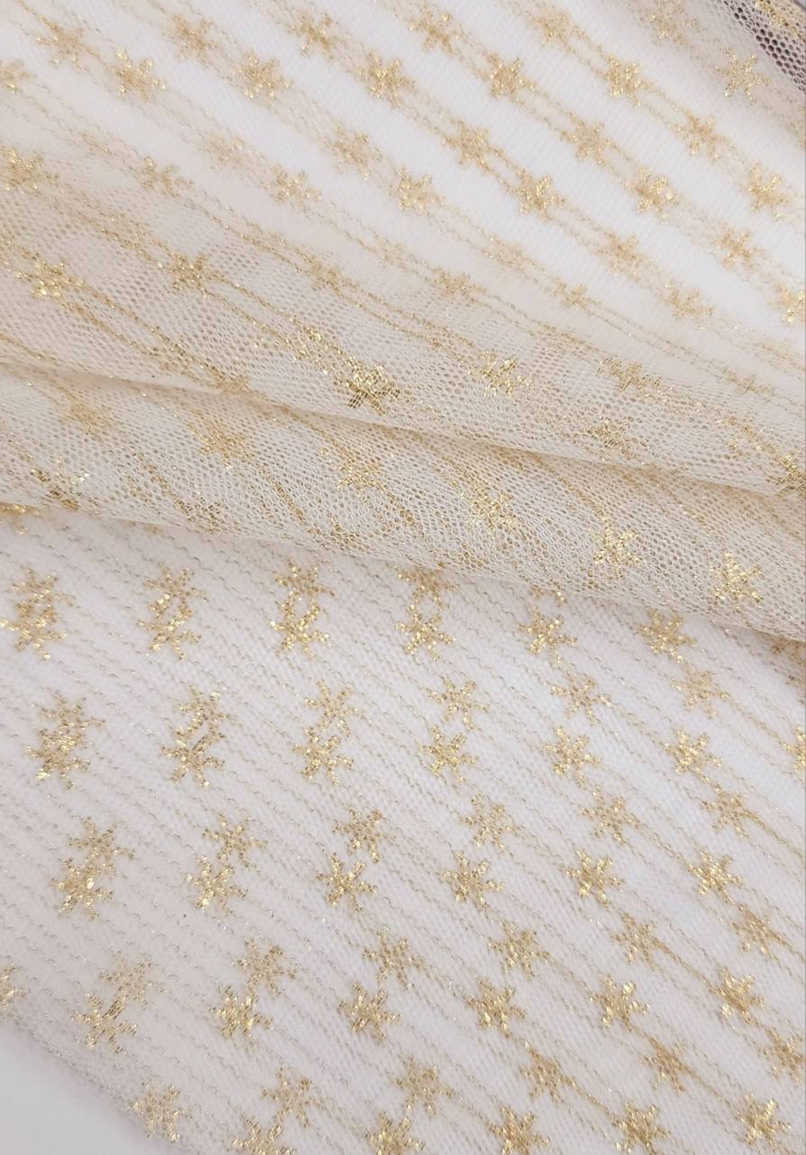 Ivory Gold Metallic Floral & Stripes on English Netting Fabric by the ...