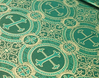 Smaragdgrüner Gold-Kirchenbrokat - Liturgischer Stoff - Kirchlicher Jacquard - Religiöses Gewand - Kreuzbrokat Meterware STIL 120