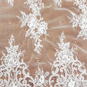 White Embroidery Floral Chantilly Lace Fabric - Eyelash - French Lace - Corded - Scalloped - Alencon Lace Fabric By The Yard - STYLE 155