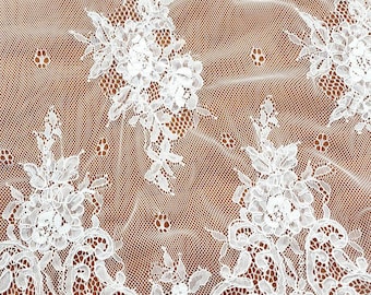 White Embroidery Floral Chantilly Lace Fabric - Eyelash - French Lace - Corded - Scalloped - Alencon Lace Fabric By The Yard - STYLE 155