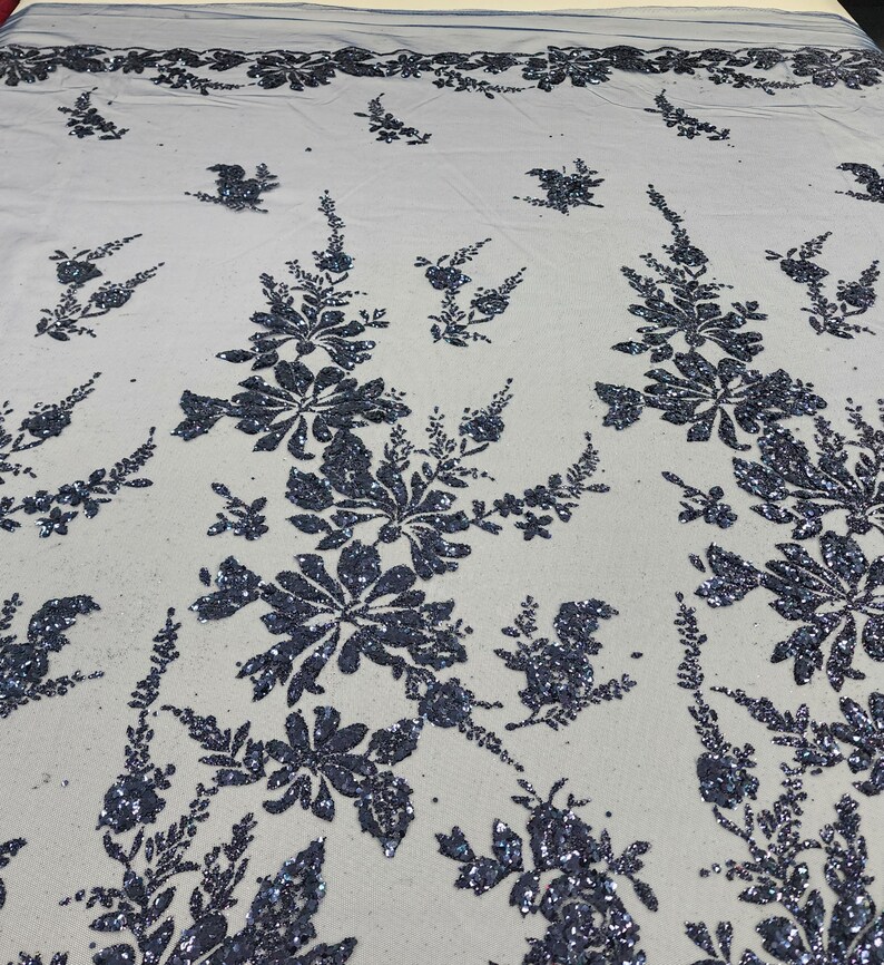 Navy Blue Floral Glitter Sparkle Design on Mesh Lace Fabric by the Yard ...