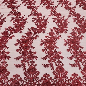 Burgundy Polyester Floral Embroidery with Sequins on Mesh Lace Fabric by the Yard for Gown - Wedding - Bridesmaid - Party Dress - STYLE 125