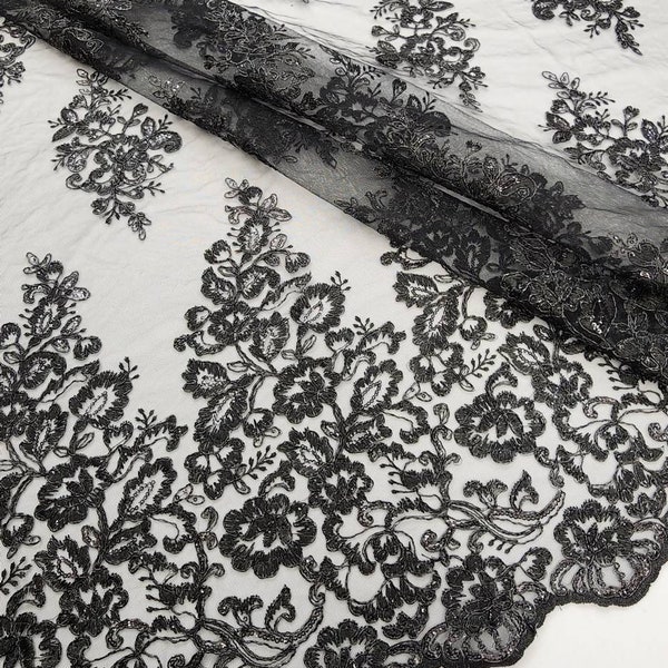 Black Polyester Floral Embroidery with Sequins on Mesh Lace Fabric by the Yard for Gown- Wedding- Bridesmaid- Prom- Dress- Decor- STYLE 252