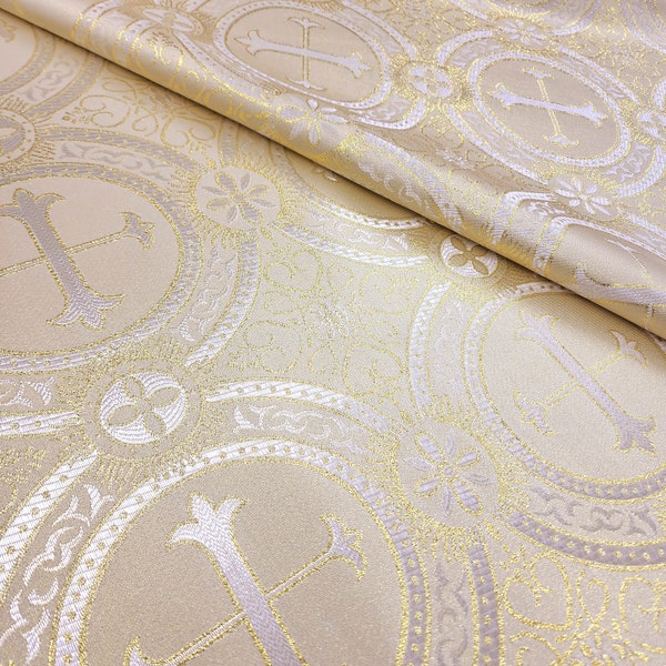 Ivory Gold Religious Brocade - Liturgical Fabric - Ecclesiastical Jacquard - Church - Stole - Vestment -Cross Brocade by the yard -STYLE 120