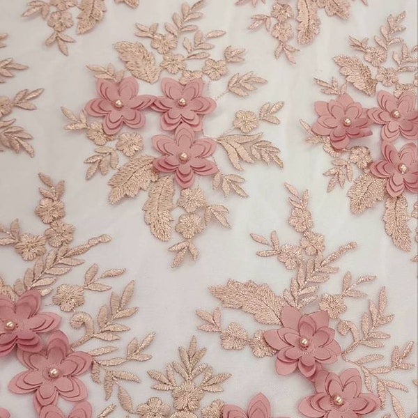 Blush Pink 3D Floral Embroidery on Mesh Lace Fabric by the yard for Gowns - Wedding - Bridesmaid - Appliqué - Couture - Skirts - STYLE 301