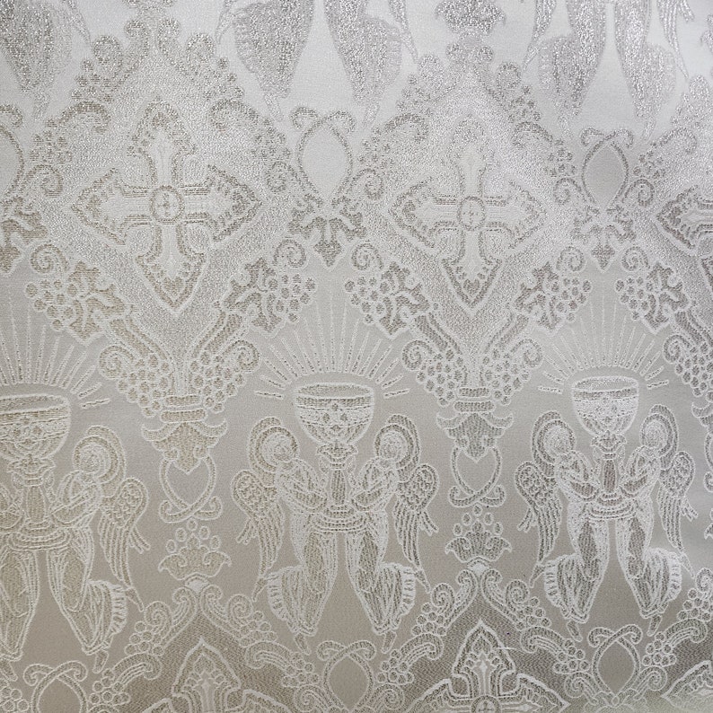White Silver Liturgical Brocade Jacquard Fabric by the Yard for Church ...