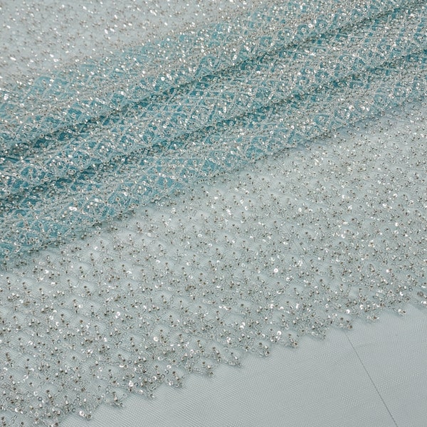 Swiss Ivory Aqua Blue Fashion Beaded and Sequins on Mesh Lace Fabric By The Yard Bridal Heavy beaded Diamonds Geometric Handmade - STYLE 029