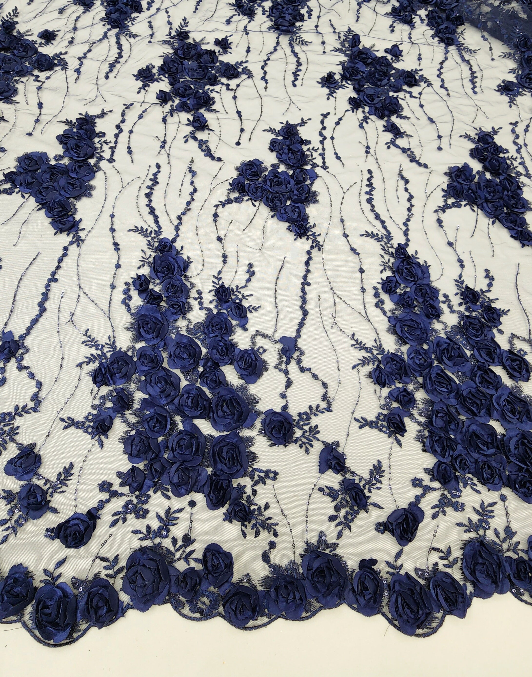 Navy Blue Floral 3D Embroidery With Sequins on Mesh Lace Fabric by the ...