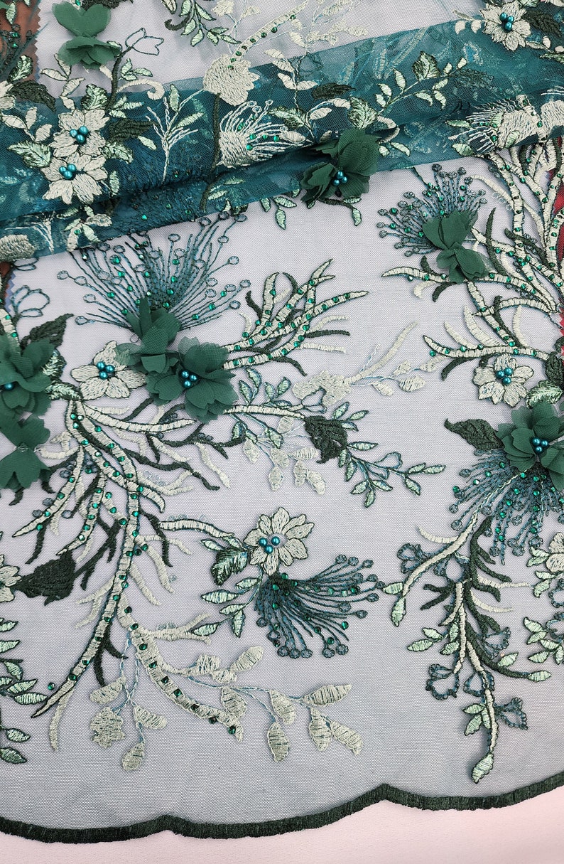 Teal Hunter Green 3D Floral Embroidery on Mesh Lace Fabric by the Yard ...