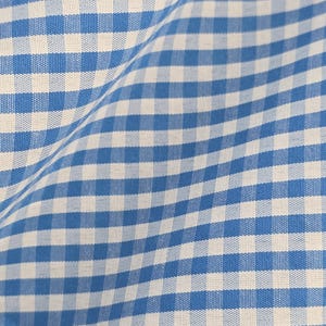 Puede incluir: Una tela tejida que presenta un patrón clásico de cuadros vichy en azul y blanco. El material muestra una cuadrícula consistente de pequeños cuadrados alternos en un tono azul vibrante sobre un fondo blanco nítido, con pliegues y textura.