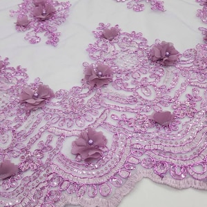 Lilac 3D Polyester Floral Embroidery with Sequins on Mesh Lace Fabric by the Yard for GownS Bridal Dress Prom Couture Events - STYLE 189