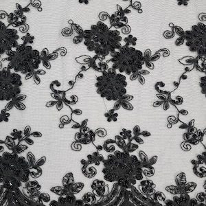 Black Floral Embroidery with Beads and Sequins on Mesh Lace Fabric by the Yard For Bridal Gown - Bridesmaid - Appliqué - Couture - STYLE 235