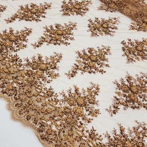 Brown Copper Floral Embroidery with Beads and Sequins on Mesh Lace Fabric by the Yard For Gowns Bridal Appliqué Heavy Beaded Lace, STYLE 153