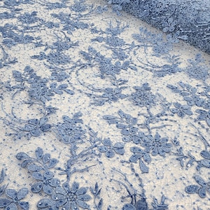 Perry Blue Floral Overlap Embroidery with sequins on Mesh Lace Fabric By The Yard for Gowns Wedding Bridal Prom Couture Skirts - STYLE 037