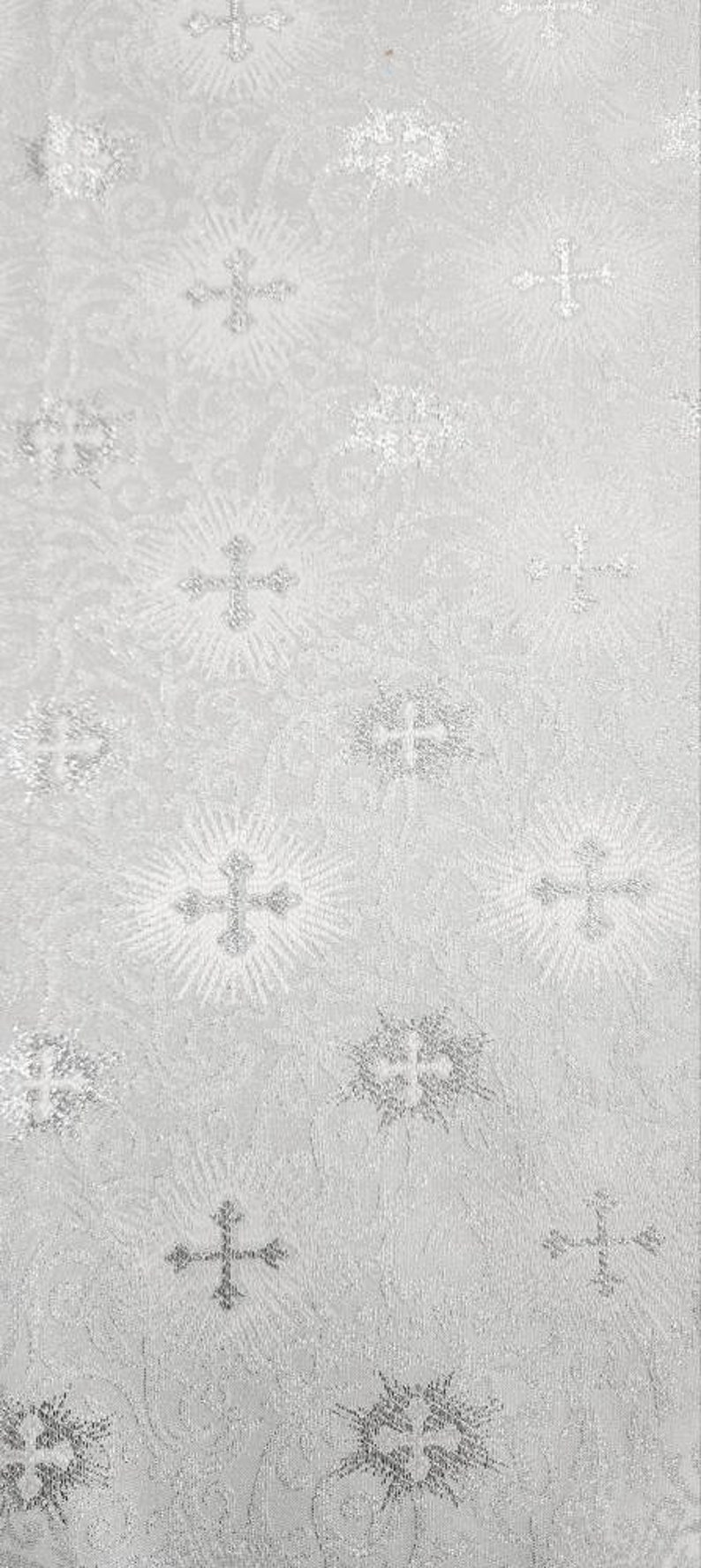 White Silver Liturgical Jacquard Brocade Fabric Cross Religious Event ...